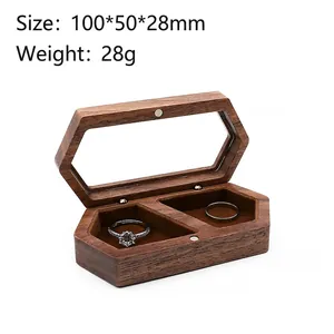Hexagon walnut wood ring box with clear window and dual velvet slots, size 100x50x28mm