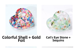 Detailed comparison of shell and gold foil resin trays next to cat's eye stone bowl