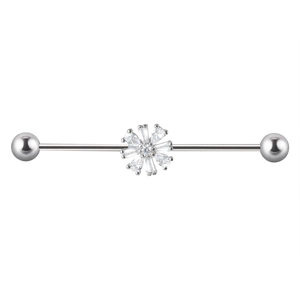 Stainless steel industrial barbell featuring a crystal flower center and ball ends