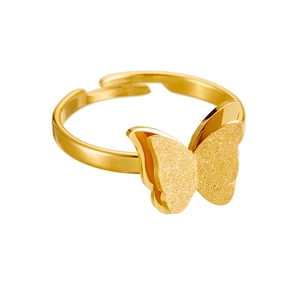 Adjustable gold butterfly ring with matte finish wings and a polished stainless steel band
