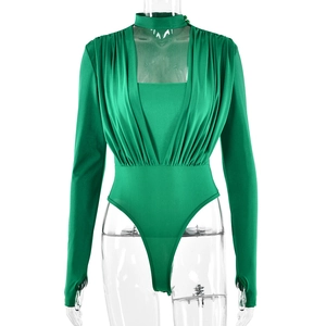 Detail of green V-neck bodysuit with choker collar, ruching and thumbhole sleeves