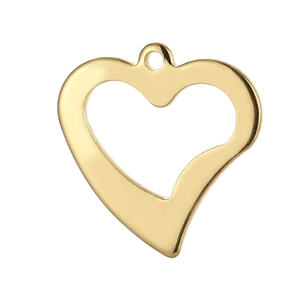 Detailed close-up of a hollow heart-shaped gold pendant with a smooth metallic finish