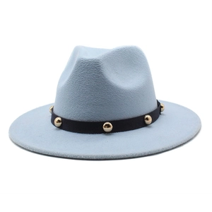 Light blue wool felt fedora hat with wide brim and black studded gold metal band