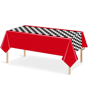 Waterproof red tablecloth with racing checkerboard pattern for birthday party decor