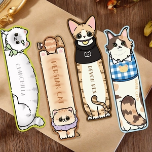 Close-up of four cute cartoon cat paper bookmarks featuring Chinchilla and Persian cat designs