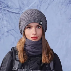 Winter knitted beanie and neck warmer set in dark purple for women with soft fleece lining