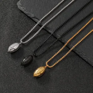 American Football Rugby Pendant Necklace Stainless Steel Sports Style Box Chain Jewelry For Men