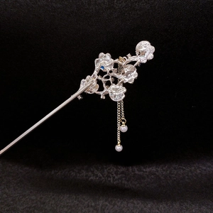 Vintage blue cloud hairpin with silver metal flower and golden pearl tassels