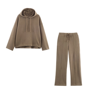 Women's Casual Polyester Knit Hoodie Or Wide Leg Pants Solid Color Soft Long Sleeve Top And Bottom Separates Outfits
