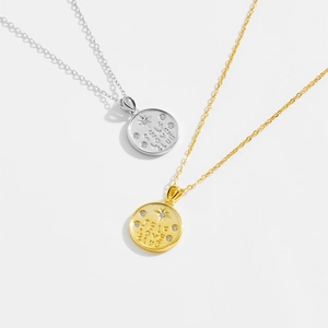 S925 silver round disc pendant necklace with Self Love Club engraving in gold and silver