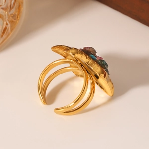 Adjustable gold star ring with colorful natural stone inlay and polished metal finish