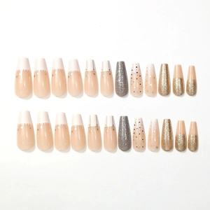 24pcs long coffin press on nails featuring French tips with gold glitter and stars