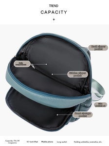 Internal structure of blue leather backpack showing large capacity and multi-layer pockets