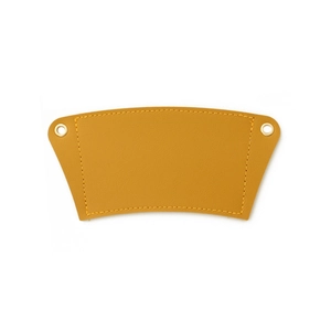 Detail view of yellow PU leather coffee cup sleeve with neat stitching and metal eyelets