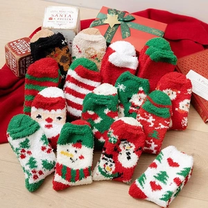 Christmas Socks Thick Coral Velvet Warm Floor Sleeping Socks For Winter Home Santa Reindeer Snowman Patterns