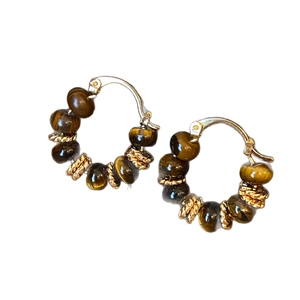 Vintage tiger eye stone beaded round hoop earrings with gold twisted metal accents