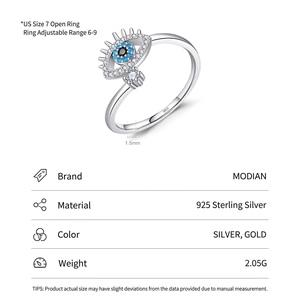 S925 sterling silver evil eye open ring with blue zircon stones and adjustable size
