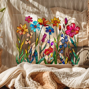 Close-up of floral acrylic art stand with stained glass texture on wood base