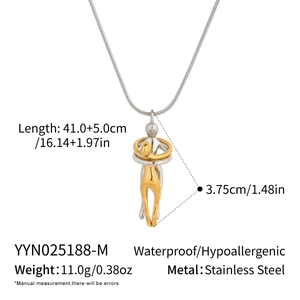 Detailed specs for two-tone embrace necklace featuring stainless steel dimensions