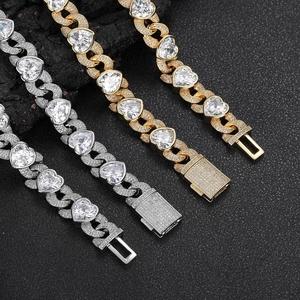 12mm hartvormige Cuban link armband in goud en zilver met zirkonia hiphop sieraden