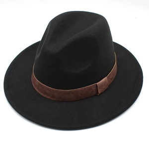 Classic black wide-brim wool fedora hat with a premium dark brown leather band for unisex