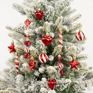 13-piece red and white Christmas tree ornament set with festive heart and star shapes