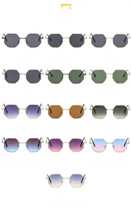 Detailed display of 13 colorful polygonal metal frame sunglasses in various lens tints