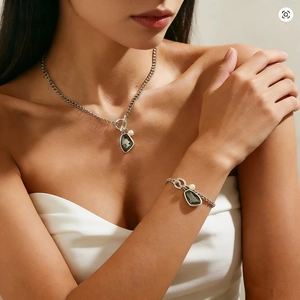 Vintage Alloy Irregular Geometric Dark Gray Zirconia Pendant Jewelry Set With Necklace Bracelet Earrings For Women Jewelry