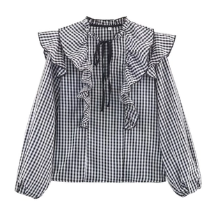 Plaid long sleeve shirt with V-neck ruffles and lantern sleeves on white background
