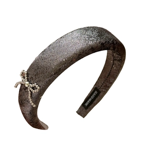 Deep grey velvet headband with a beaded metal bow, high-quality handmade hair accessory