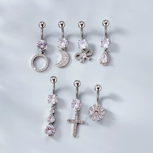 Set mit sieben Bauchnabelpiercings aus Edelstahl mit Zirkon-Anhängern in Silber