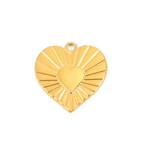 Golden heart pendant with sunburst pattern and top loop on a white background