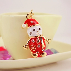 Porte-clés bonhomme de neige de Noël en cristal avec strass et perle sur base dorée
