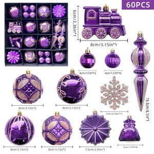 60-teiliges lila Weihnachtsset mit detaillierten Maßen für Kugeln und Schneeflocken