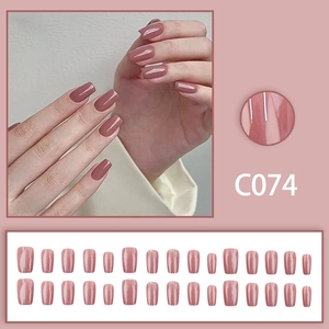 Glossy dusty pink medium square-round press-on nails set style C074 with 24 pieces
