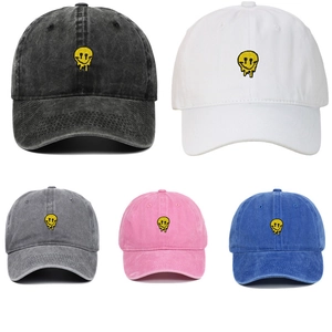 Baseball Cap Washed Cotton Melting Smile Face Embroidery Vintage Distressed Adjustable Outdoor Sun Hat Streetwear