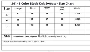 Size chart for color-block knit sweater in S M L with 100% polyester fabric details