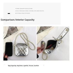 Detail view showing internal capacity of silver quilted mini chain bag with essentials