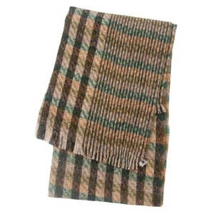 Detailed close-up of brown and green plaid scarf texture with soft fringe edges