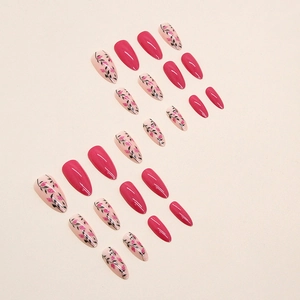 Glossy rose pink and floral pattern almond press-on nails set with 24 pieces