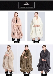 Detailed color chart of faux rabbit fur collar ponchos in pink, white, beige, khaki and grey