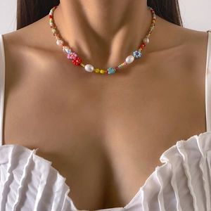 Bohemian Seed Bead Necklace With Imitation Artificial Pearls And Acrylic Flowers Colorful Summer Vacation Handmade Jewelry For Women