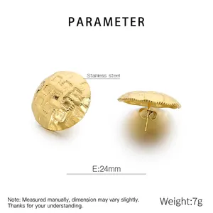 Detailed specs of 24mm gold hammer-textured stainless steel earrings weighing 7g