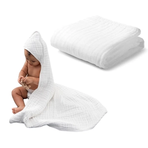 Absorbent 6-layer muslin cotton hooded baby towel in pure white for newborns and infants