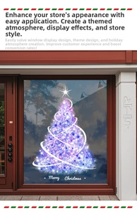 Detail of purple glowing Christmas tree window sticker with Merry Christmas text on glass