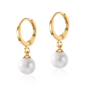 Elegant gold hoop earrings featuring round white pearls for a classic business style
