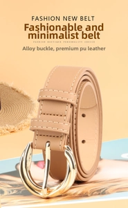 Close-up of khaki PU leather belt featuring contrast white stitching and alloy buckle
