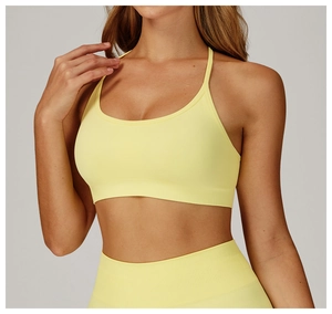 Detail of high-stretch seamless lemon yellow sports bra with ribbed band and thin straps