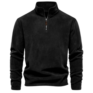 Close-up of black fleece sweatshirt featuring a stand collar and metallic zipper with leather pull