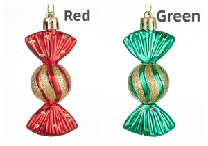 Detail of red and green candy Christmas ornaments with glitter and hanging cords